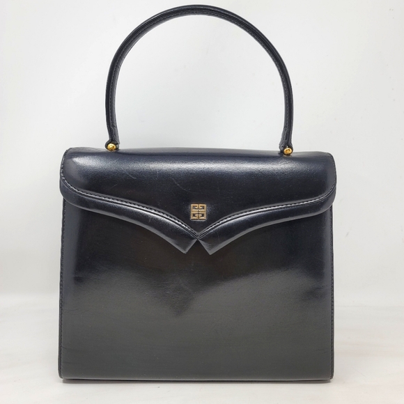 Vintage Givenchy Top Handle Kelly Black Leather Medium Tote Hand Bag Authentic - Picture 1 of 13